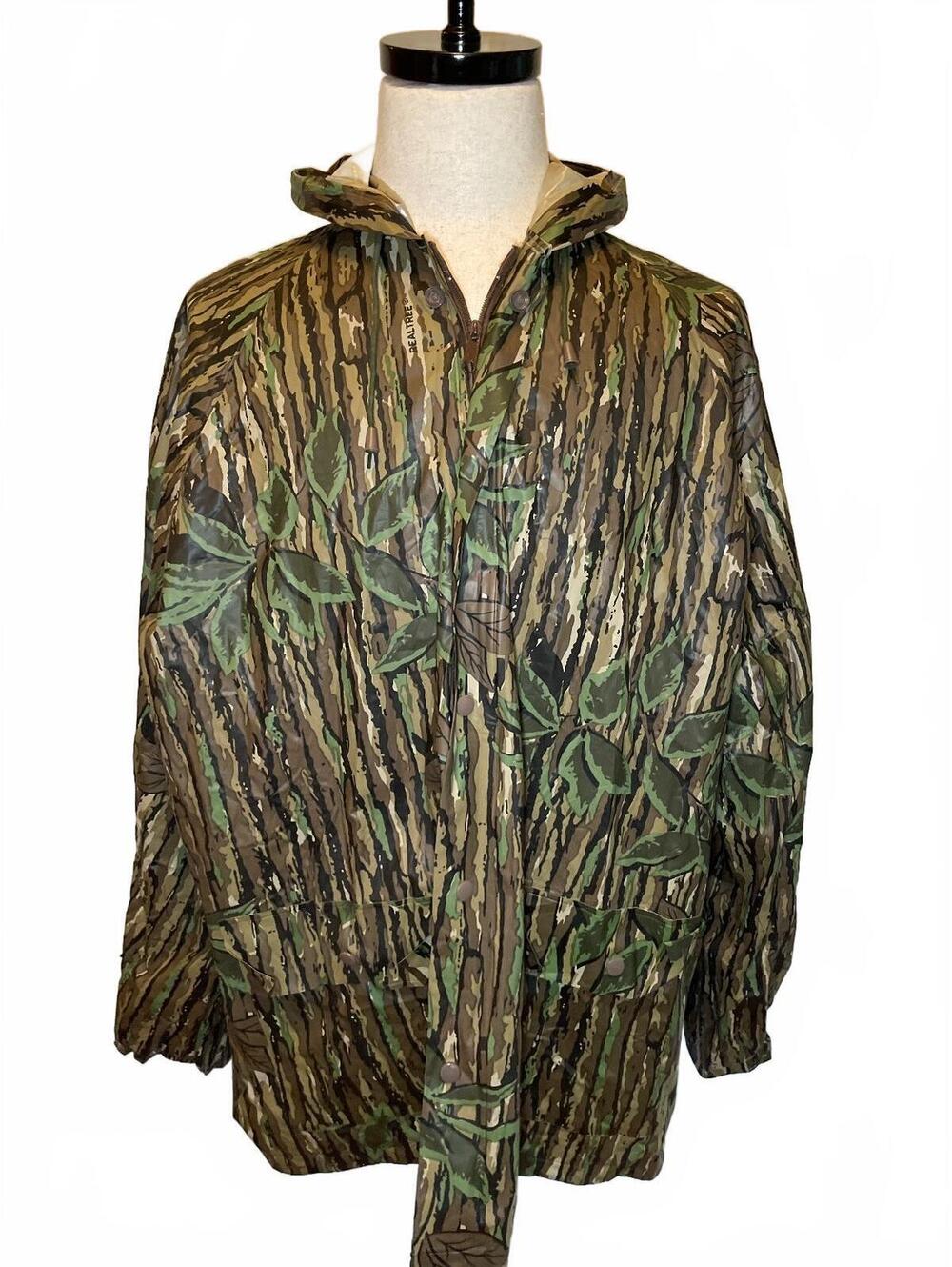 Vintage Realtree Camo Vinyl Rain Jacket Hunting Gorpcore Hooded Waterproof ~XL